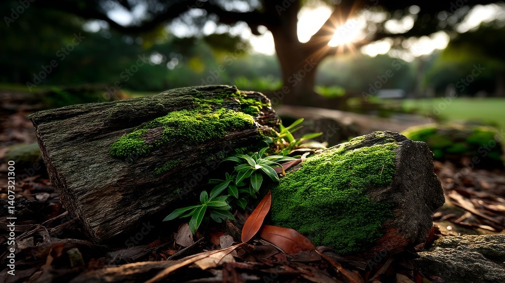 Nature's Serenity Lush Green Moss Covering Old Logs in a Sunlit Forest Clearing Nature's Serenity Lush Green Moss Covering Old Logs in a Sunlit Forest Clearing
