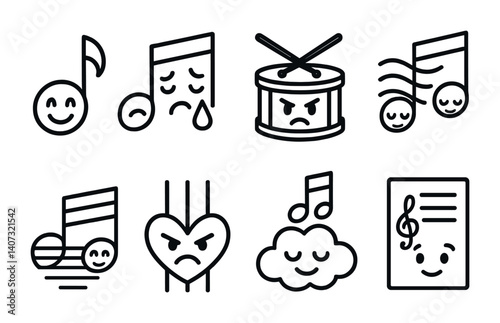 outline vector icons of musical emotion: happy note, sad melody, energetic beat, calm rhythm, romantic song, angry chord, dreamy harmony, inspirational lyric. No text. The icons should be clean.