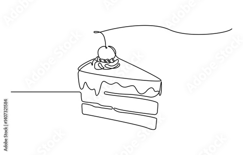 Continuous one line drawing of sliced cake - food and beverage concept. Cheese cake with strawberry and cherries in single line draw illustration, on white background.