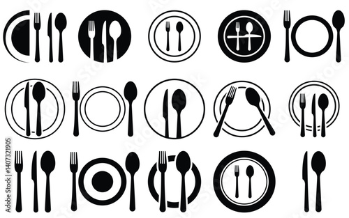 place setting cutlery knife, spoon and plate set icons of vector  illustration