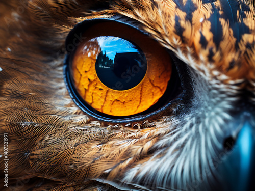 Owl eye with an intense pupil dilating widely surrounded by feathers expressing wisdom