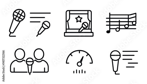 outline vector icons of karaoke: microphone with lyrics, sing-along screen, karaoke stage, voice score, duet icon, echo effect, vocal tuner, lyric sync. No text. The icons should be clean. isolated