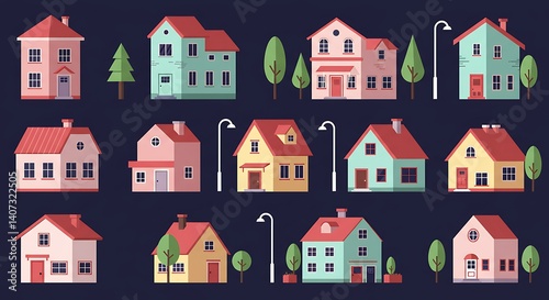 Cartoon houses illustration vector graphic design real estate neighborhood