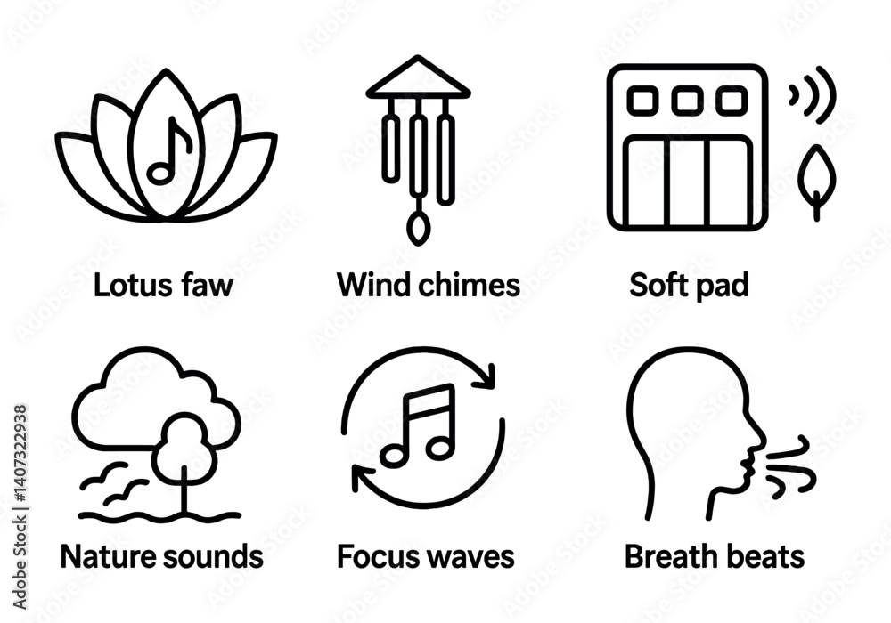 Fototapeta premium outline vector icons of background music: ambient sound, chill playlist, smooth jazz, instrumental note, no lyrics icon, focus sound, loop track, soft tempo. No text. The icons should be clean.