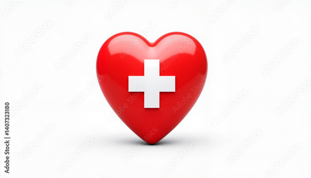 Red heart symbol with Swiss cross on white background Red heart symbol with Swiss cross on white background