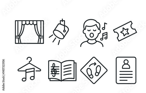 outline vector icons of musical theater: stage curtain, spotlight, singing actor, show ticket, costume note, musical script, choreography mark, cast list. No text. The icons should be clean. isolated