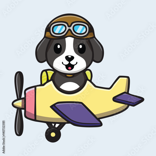 Adorable Cartoon Dog in a Pilot Uniform Flying a Vintage Airplane, Blue Sky with Clouds