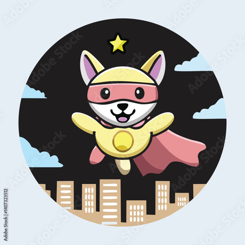 Cartoon Superhero Dog Flying Over City, Red Cape, Mask, Happy Expression