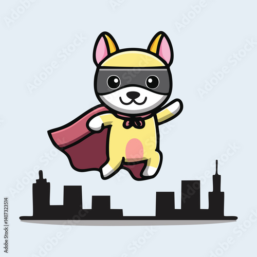 Cartoon Superhero Dog Flying Over City, Red Cape, Mask, Happy Expression
