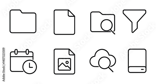 outline vector icons of parental control settings: time limit, blocked content, child profile, activity report, safe search, app control, PIN lock, bedtime mode. No text. The icons should be clean.