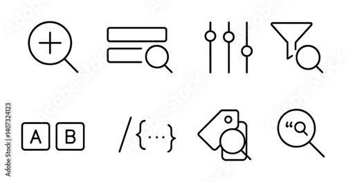 outline vector icons of email search and filters: magnifying glass, filter funnel, advanced search, keyword field, search by sender, date range, unread , starred. No text. The icons should be clean.