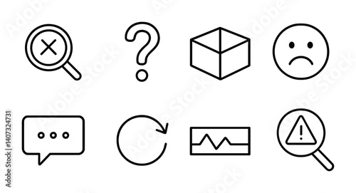 outline vector icons of search error states: no results icon, question mark, empty box, frown face, suggestion message, try again icon, error bar, search warning. No text. The icons should be clean.