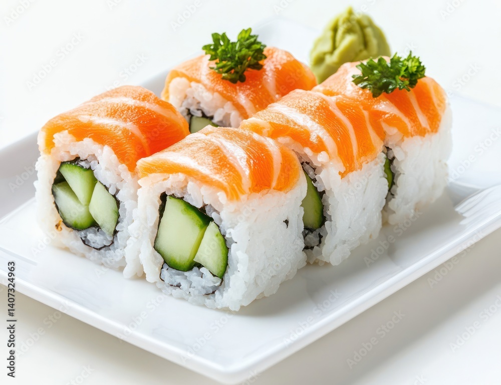 Sushi rolls with salmon and cucumber on a white plate close up. Sushi rolls with salmon and cucumber on a white plate close up.