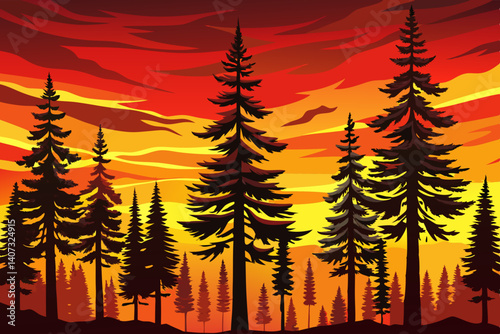 Pine trees silhouettes cartoon. orange and red coniferous forest silhouette, nature spruce tree park view vector illustration