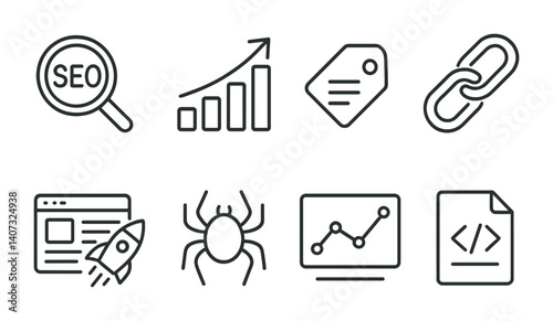 outline vector icons of SEO tools: txt, analytics, title tag, SEO score. No text. The icons should be clean. isolated transparent background. Line icons in black colour.