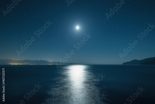Full moon shines over dark ocean water with distant land visible.
