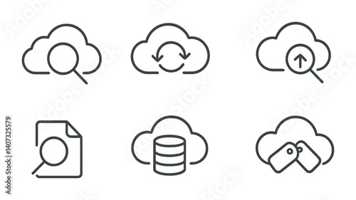 outline vector icons of hashtags and trends: trending tag, popular hashtag, hashtag cloud, add hashtag, search tag, explore tag, muted tag, tag suggestions. No text. The icons should be clean.
