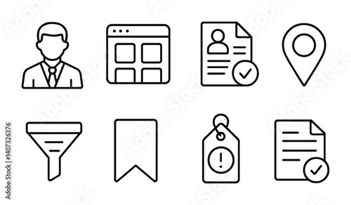 outline vector icons of career search: profession icon, job categories, resume match, location preference, industry filter, saved jobs, alert tag, applied status. No text. The icons should be clean.