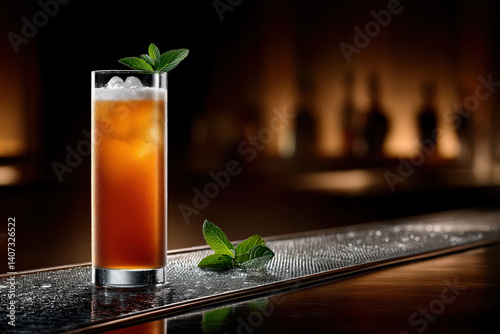 Tall Iced Cocktail with Mint Garnish on Bar