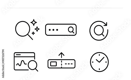 outline vector icons of realtime search: live results, typing query, live refresh, stream icon, result pulse, ticker, instant update, timestamp icon. No text. The icons should be clean. isolated