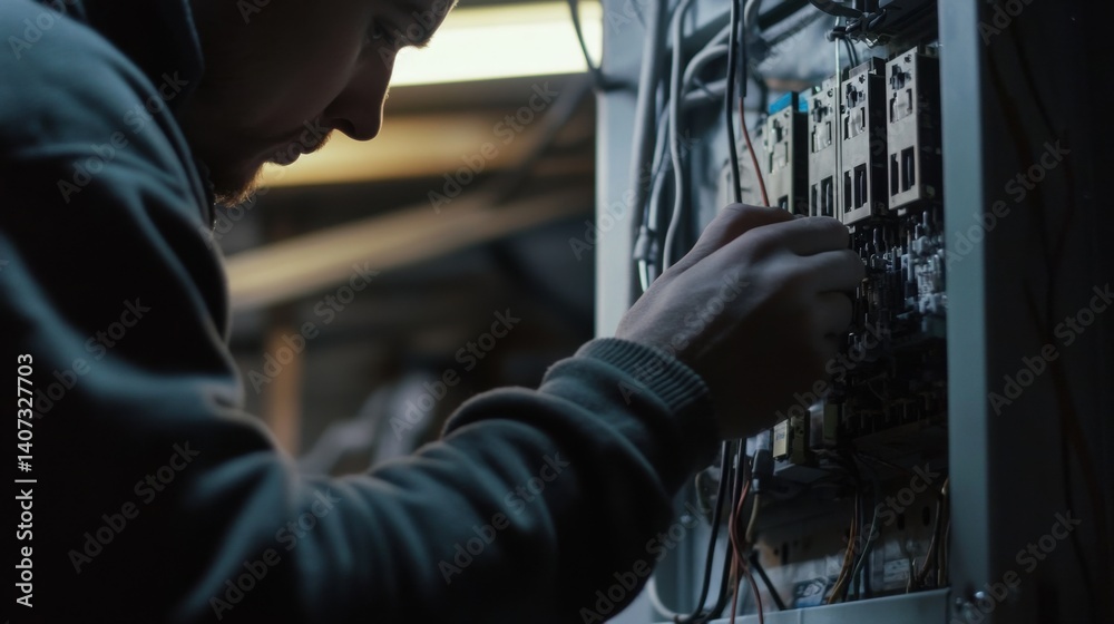 Electrician repairing electrical panel in basement. Featuring expertise and precision Electrician repairing electrical panel in basement. Featuring expertise and precision