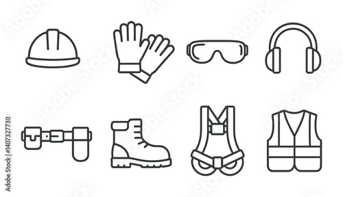 outline vector icons of construction gear: hard hat, work gloves, safety goggles, ear muffs, tool belt, steel boots, harness, vest. No text. The icons should be clean. isolated transparent background