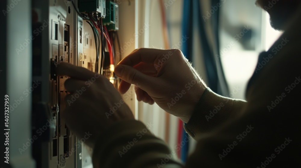 Naklejka premium Electrician repairing electrical panel in basement. Featuring expertise and precision