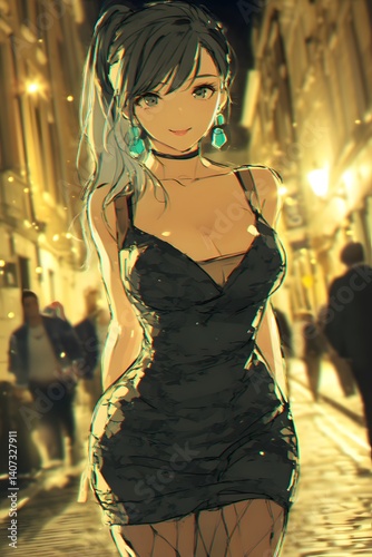 City Night Stroll: An animated woman confidently navigates a charming cobblestone street at night, illuminated by soft streetlights and the blurred silhouettes of passersby, emanating urban allure.
