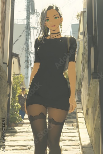 Stylish Girl in Alleyway: A fashionable young woman strolls down a narrow alleyway, her sleek black dress and stockings contrasting with the sunlit stone steps.