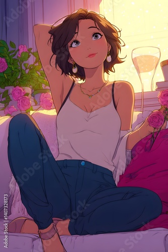 Serene Solitude: A young woman rests on a sofa, enveloped in soft light, surrounded by delicate roses, and the gentle glow of the sunset, embodying peace.