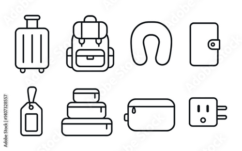 outline vector icons of travel gear: suitcase, travel backpack, neck pillow, passport holder, luggage tag, packing cubes, toiletry bag, adapter. No text. The icons should be clean. isolated