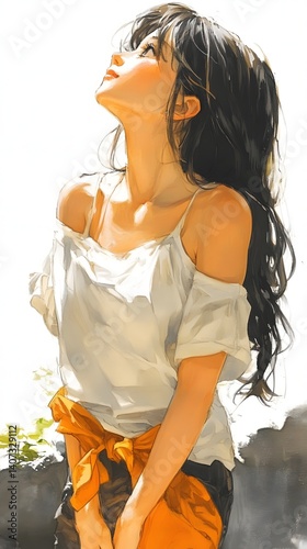 Dreaming Under the Sun: A young woman with long, dark hair gazes upward, lost in thought, bathed in the warm glow of sunlight.