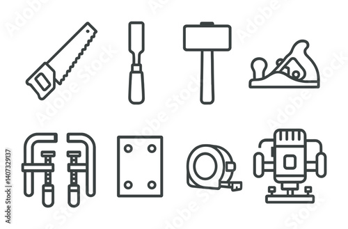 Set of linear woodworking tool icons: saw, chisel, hammer, plane, clamps, tape measure, router