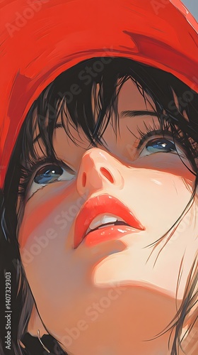 Dreaming Eyes and Red Accent: A young woman with radiant eyes gazes upward, framed by a striking red element, inviting viewers into a realm of wonder and anticipation.