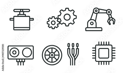 outline vector icons of robotics gear: servo motor, gear mechanism, robot arm, circuit board, sensor, wheel, wire bundle, processor. No text. The icons should be clean. isolated transparent