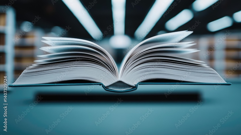 Fototapeta premium Books floating in the air within a flying and cognition concept. A floating book with open pages in a modern library setting.