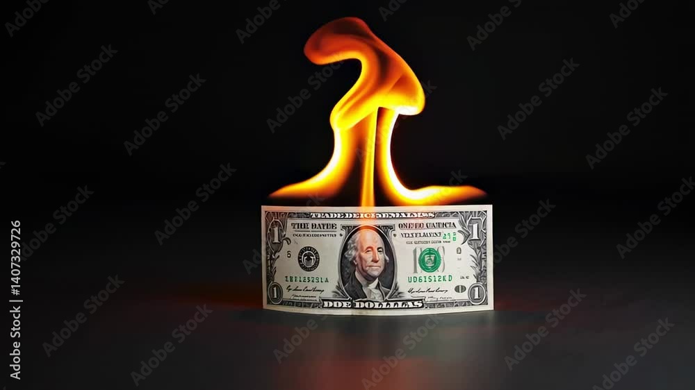 Financial hardship visualized through burning one dollar bill, symbolizing economic challenges, monetary loss, inflation impact against stark black background