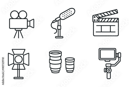 outline vector icons of filmmaking equipment: clapperboard, camera rig, boom mic, gimbal, director’s chair, monitor, slate, script. No text. The icons should be clean. isolated transparent background