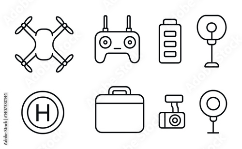 outline vector icons of drone gear: drone, propellers, controller, battery, landing pad, case, camera gimbal, GPS module. No text. The icons should be clean. isolated transparent background. Line