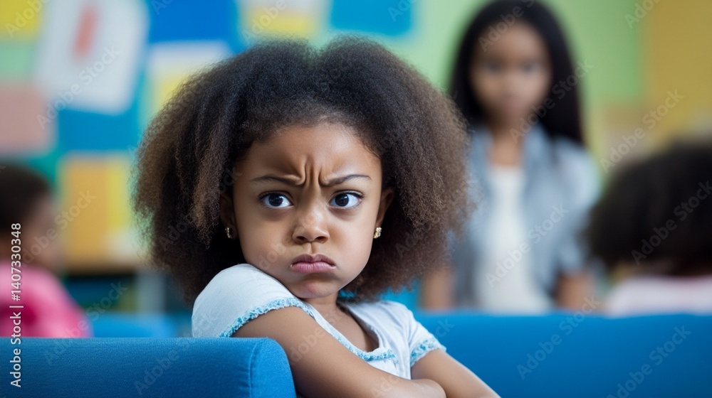 Frustrated young student with curly hair sits with crossed arms, expressing serious displeasure in a colorful classroom setting with blurred background