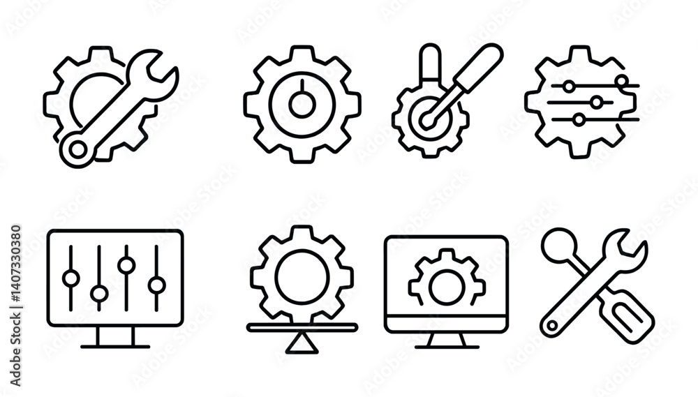 outline vector icons of gear settings: settings gear, adjustment knob, preferences icon, configuration cog, custom setup, control dial, gear sliders, sync icon. No text. The icons should be clean.