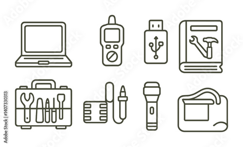 outline vector icons of repair technician gear: laptop, diagnostic tool, USB tester, toolkit, voltage meter, service manual, anti-static mat, flashlight. No text. The icons should be clean. isolated