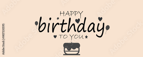 Happy Birthday to you lettering text banner, template or social media post with balloons, cake icon and hearts isolated on pink background. Vector illustration. EPS editable file.