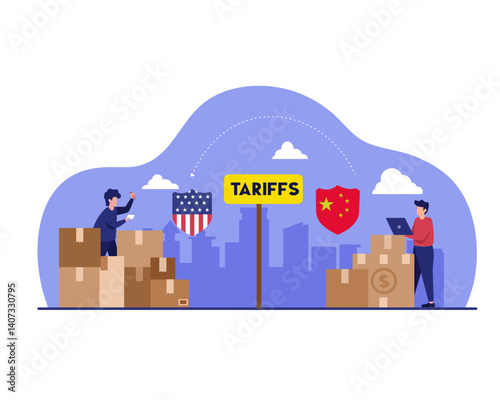American tariffs, US government taxation business concept,  American and Chinese flag texture vector illustration.