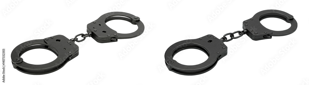 Obraz premium A Pair of Black Handcuffs on a Dark Background Symbolizing Law Enforcement and Detention Equipment, Representing Justice and Restraint