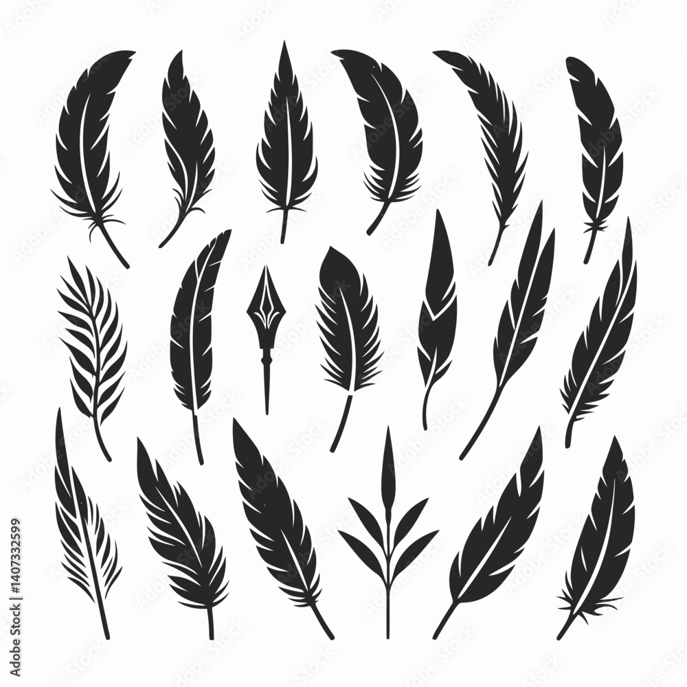 Quill Feather Tip Silhouettes in black on a white background Quill Feather Tip Silhouettes in black on a white background