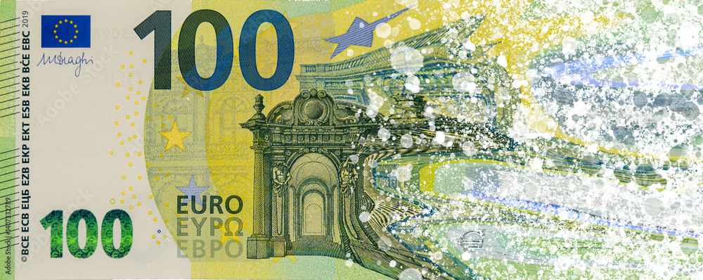 100 euro banknote breaking into pieces, inflation and recession concept
