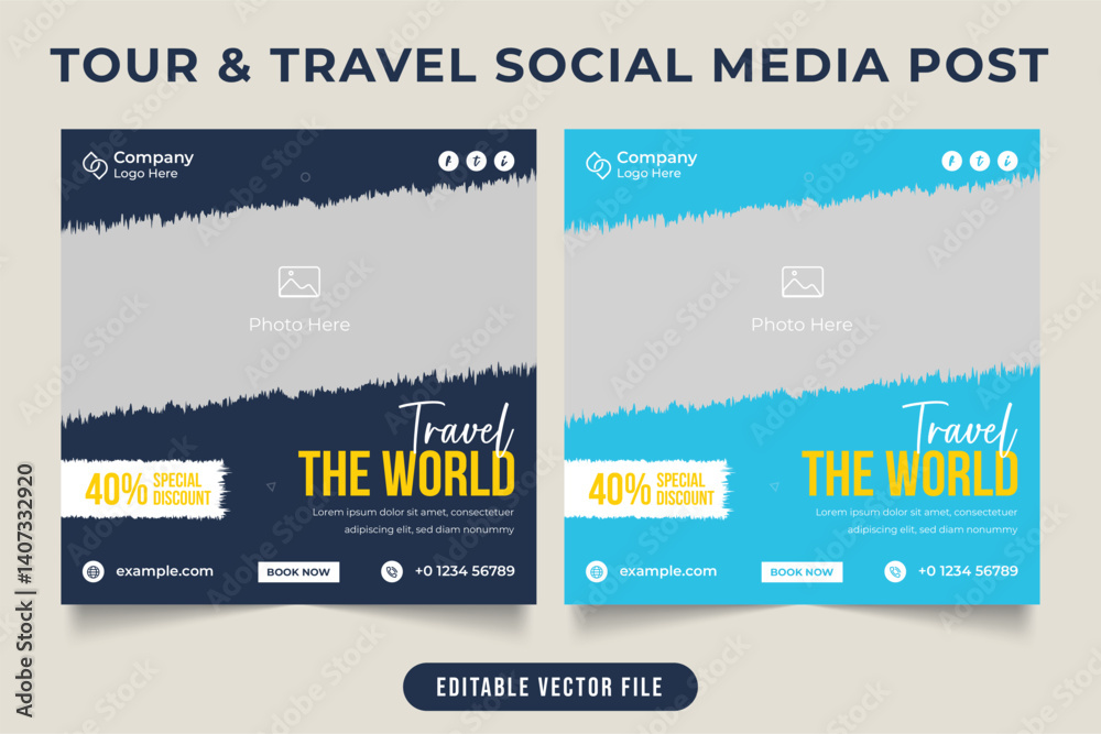 Obraz premium Summer holiday and tourism business marketing poster with photo placeholder. Travel and Adventure social media post vector. Travel promotional web banner template with dark Blue and sky blue colors.