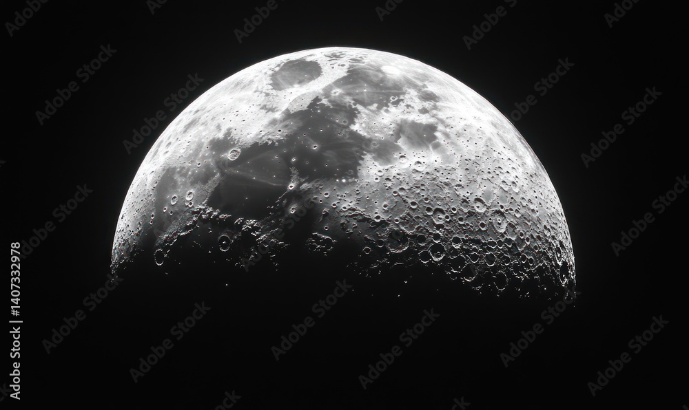 Crescent moon with visible craters against a dark black sky in space. Crescent moon with visible craters against a dark black sky in space.