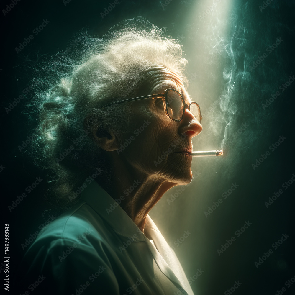 Fototapeta premium Senior Female Scientist Smoking in Lab Coat on Dark Background